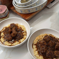 French Onion Meatballs With Creamy Alfredo Orzo
