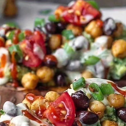Baked Sweeties w/ Black Beans, Chickpeas, Tomatoes, Guacamole, &amp; Dill Hummus