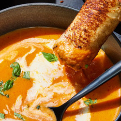 Pumpkin Tomato Soup With Grilled Swiss Cheese Sticks