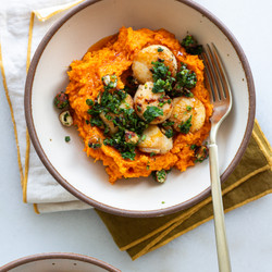 Seared Scallops With Romesco Sweet Potatoes And Hazelnut Gremolata