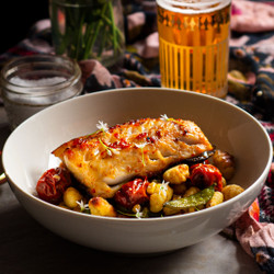 Chili Confit Black Cod With Toasted Gnocchi And Burst Cherry Tomatoes