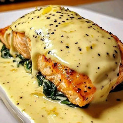 Spinach And Crab Stuffed Salmon With Lemon Cream Sauce
