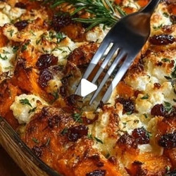 Carrot, Pumpkin &amp; Sweet Potato Bake With Feta, Almonds &amp; Maple Cranberry Drizzle