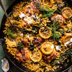 One Skillet Lemon Butter Dijon Chicken And Orzo With Feta Sauce