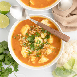 Chili-spiced Pumpkin Soup With Pork, Cauliflower, Cilantro &amp; Lime