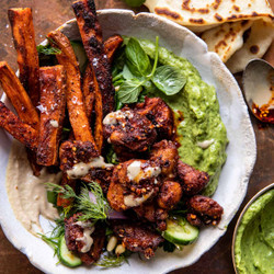 Sheet Pan Lemon Chicken With Sweet Potatoes And Avocado Goddess Sauce