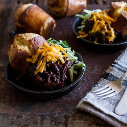Crockpot Bbq Beer Pulled Chicken With Cheddar Corn Popovers.