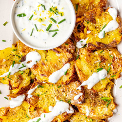 Crispy Smashed Potatoes With Lemony Chive Sauce