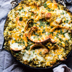 Skillet Salsa Verde Chicken Tortilla Rice Bake.