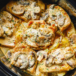 Crockpot Creamy Garlic Pork Chops With Mushrooms And Potatoes