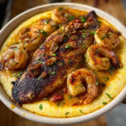 Blackened Catfish, Shrimp, Sausage With Creamy Cheddar Grits