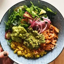 Crockpot Chicken Bowls With Yellow Rice And Cilantro Pesto