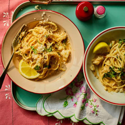 Lemon and pepper crab carbonara Georgina Hayden mains seafood