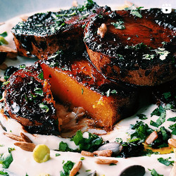 Miso Glazed Melting Sweet Potato On A Bed Of Garlic Yoghurt
