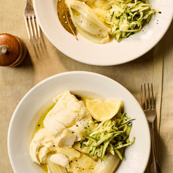 Olive Oil And Lemon-poached Fish With Grated Courgette Salad seafood main