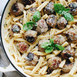 Pesto Turkey Meatballs With Pasta In A Creamy Basil Sauce