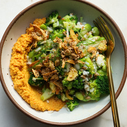 Carrot Ginger Hummus Bowl With Sesame Garlic
