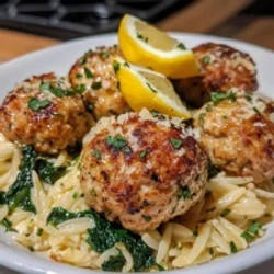 Lemony Chicken Ricotta Meatballs Over Garlic Spinach Orzo