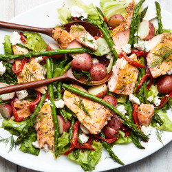 Lemon-roasted Salmon With Escarole, Asparagus, And Potatoes