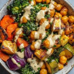 Roasted Vegetable And Chickpea Bowls With Maple Dijon Tahini Dressing