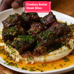 Cowboy Butter Steak Bites - Rib Eye Roasted Garlic Mashed Potatoes And Caramelized Onions