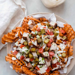 Sheet Pan Chicken Shawarma Fries With Garlic Sauce