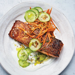 Salmon With Cucumber–yogurt Sauce And Carrot Salad