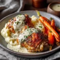 Herb-roasted Chicken Thighs With Creamy Garlic Sauce, Mashed Potatoes &amp; Glazed Carrots