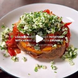 Loaded Harissa Sweet Potatoes With Herby Lemon Feta Crumble