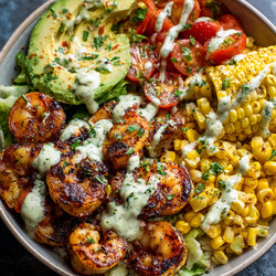 Grilled Shrimp Bowl With Avocado, Corn Salsa &amp; Creamy Garlic Sauce