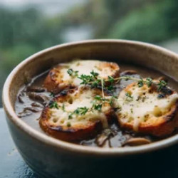 Mushroom &amp; Caramelized Onion Soup With Cheesy Toasties