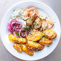 Salmon With Crispy Bagel-seasoning New Potatoes &amp; Pickled Onions