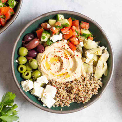 Mediterranean Bowl With Quinoa, Hummus, And Harissa