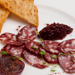 Venison Salami With Red Onion And Sloe Gin Marmalade, Grilled Sourdough