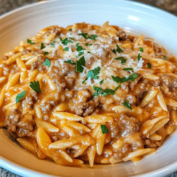 Ground Beef Orzo with Tomato Cream Sauce