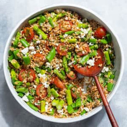 Farro Salad With Asparagus, Sugar Snap Peas, And Tomatoes