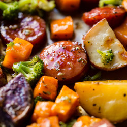 Sheet Pan Honey Garlic Kielbasa, Potatoes, &amp; Broccoli