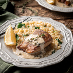 Yellowtail With Lemon Caper Cream Sauce And Spinach Orzo